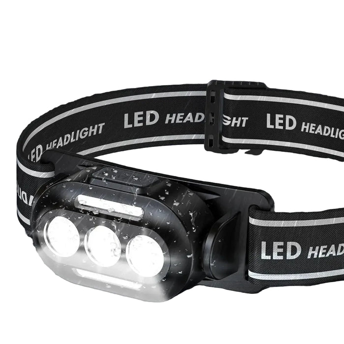 Black LED headlight with three bright lights on a dark background.