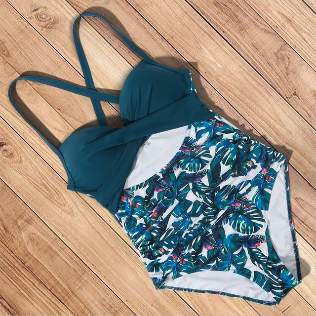 Blue Leaf Front Cut Out One-Piece Swimsuit - Flamin' Fitness