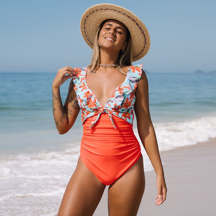 Duck Egg & Red Ruffle Shoulder One-Piece Swimsuit - Flamin' Fitness