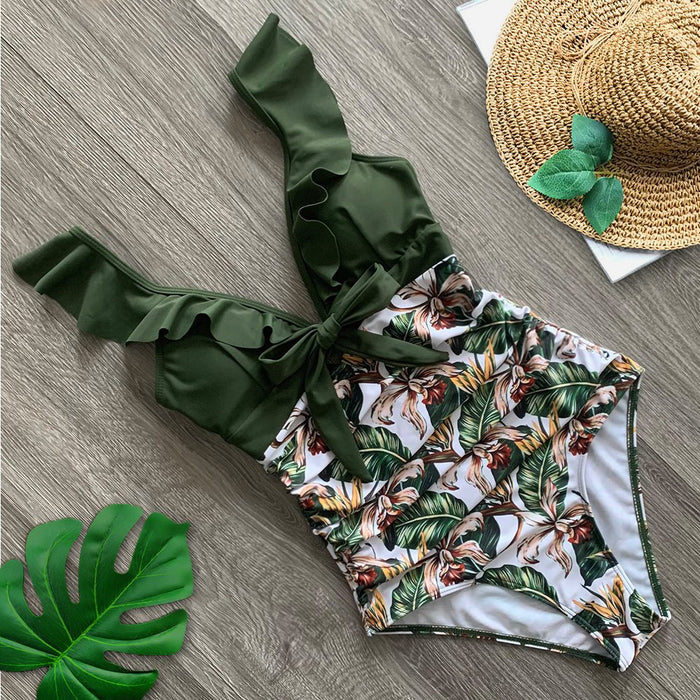 Green Floral Ruffle Shoulder One-Piece Swimsuit - Flamin' Fitness