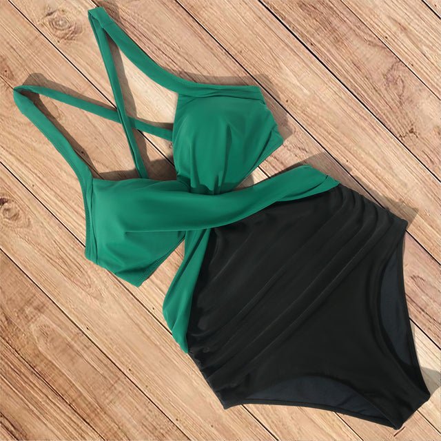 Green/Black Crossover One-Piece Swimsuit - Flamin' Fitness