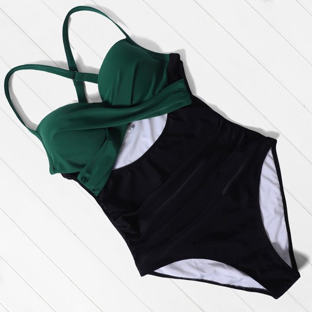 Green/Black Front Cut-Out One-Piece Swimsuit - Flamin' Fitness