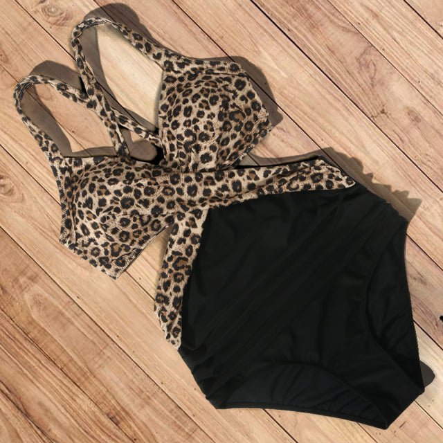 Leopard Print Rib Cage Cut Out Crossover One-Piece Swimsuit - Flamin' Fitness