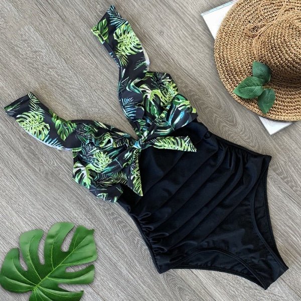 Palm Leaf Chest Print Ruffle Shoulder One-Piece Swimsuit - Flamin' Fitness