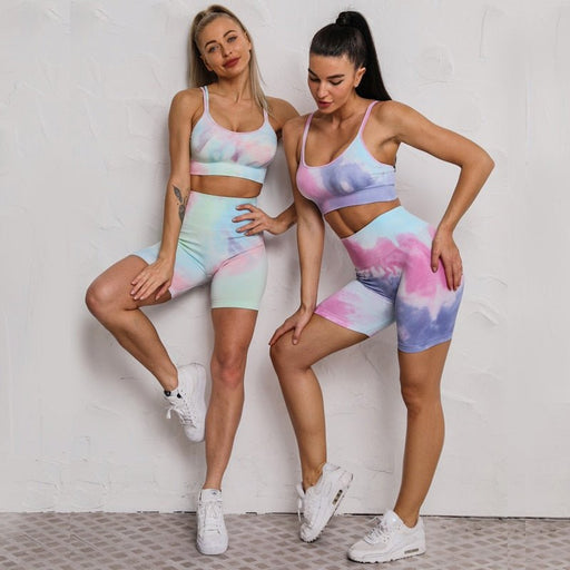 Two-Tone Tie Dye Sports Bra & Shorts Gym Set - Flamin' Fitness