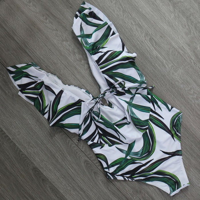White Leaf Print Ruffle Shoulder One-Piece Swimsuit - Flamin' Fitness