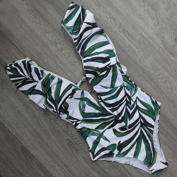 White Leaf Print Ruffle Shoulder One-Piece Swimsuit - Flamin' Fitness